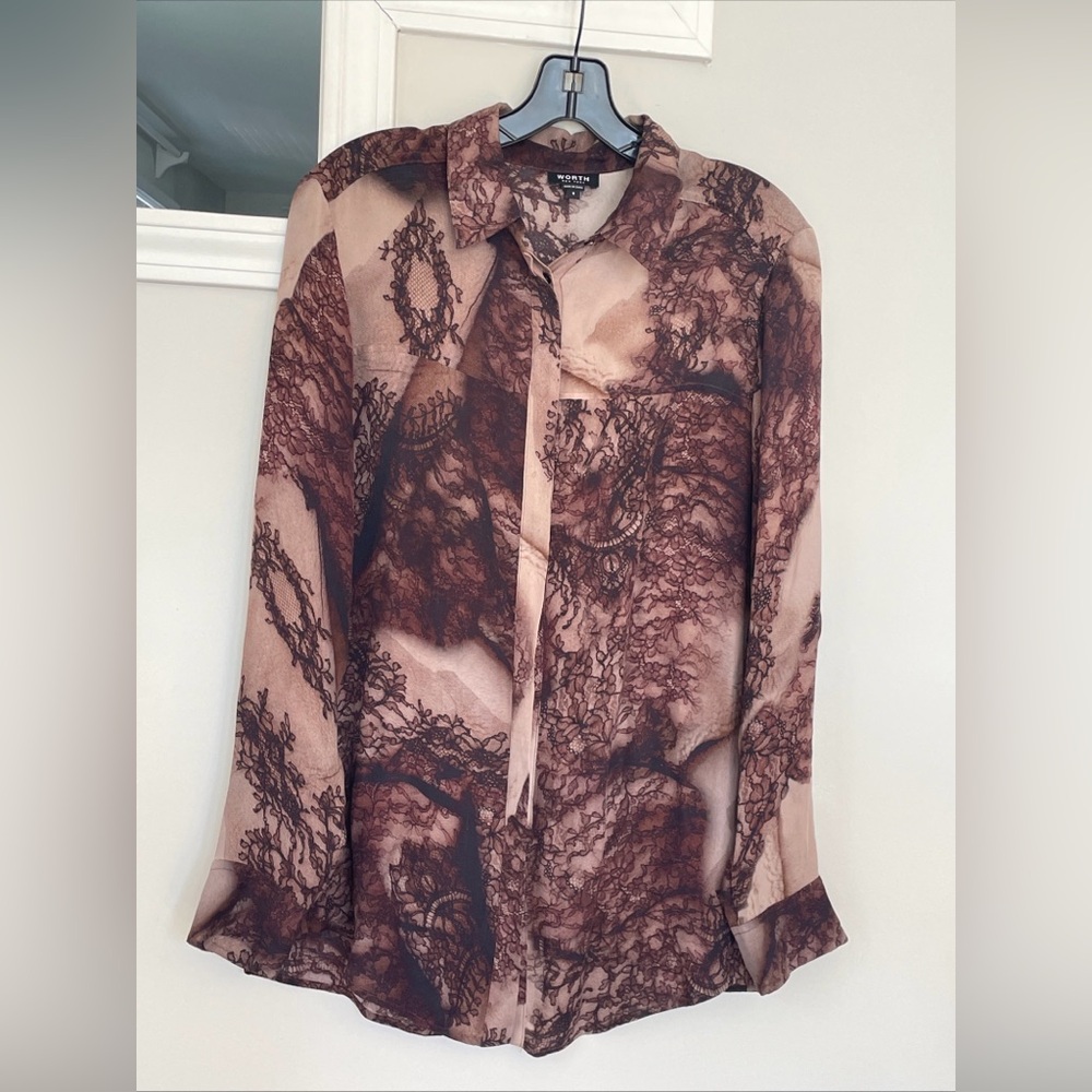 Worth Women’s 100% Silk Brown And Taupe Lace Patterned Button Down Blouse Size S